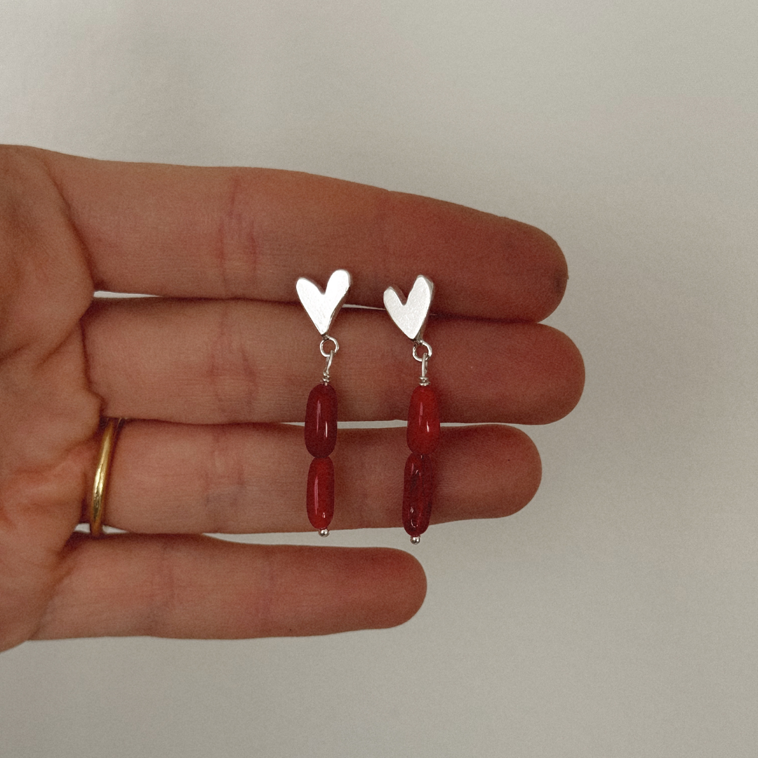 Darling Heart Studs with Charm - Silver