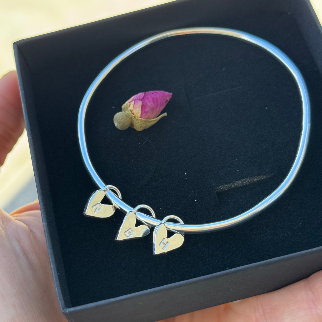 Maya Bangle with Darling Heart Charms - Silver